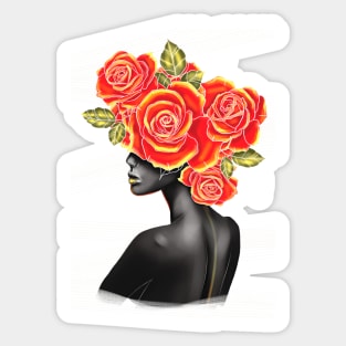 Black and white girl with color beautiful flowers in her head. Sticker